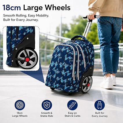 TurtleTrek Kids Trolley Backpack with Wheels | Rolling School Bag for Boys & Girls | Waterproof Travel Backpack